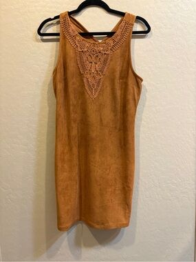 American Rag Suede-Look Tan Mini Dress with Lace Yoke